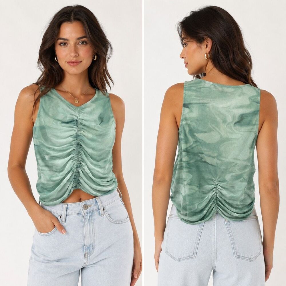 House of Harlow 1960 Large Green Ruched Mesh Sleeveless Crop Top